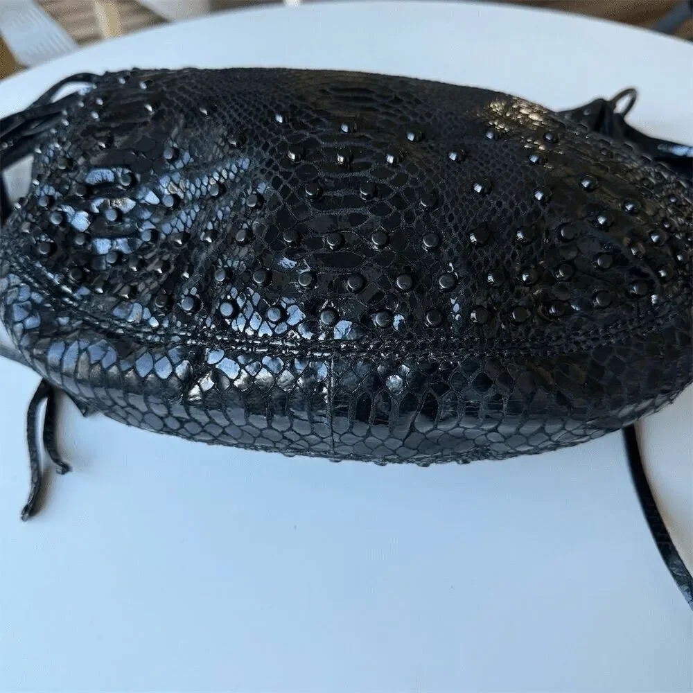 MK Rhea Chrystal Black Snake Studded Hobo Crossbody Bag Fringe Rockstar Cowgirl - Picture 6 of 8